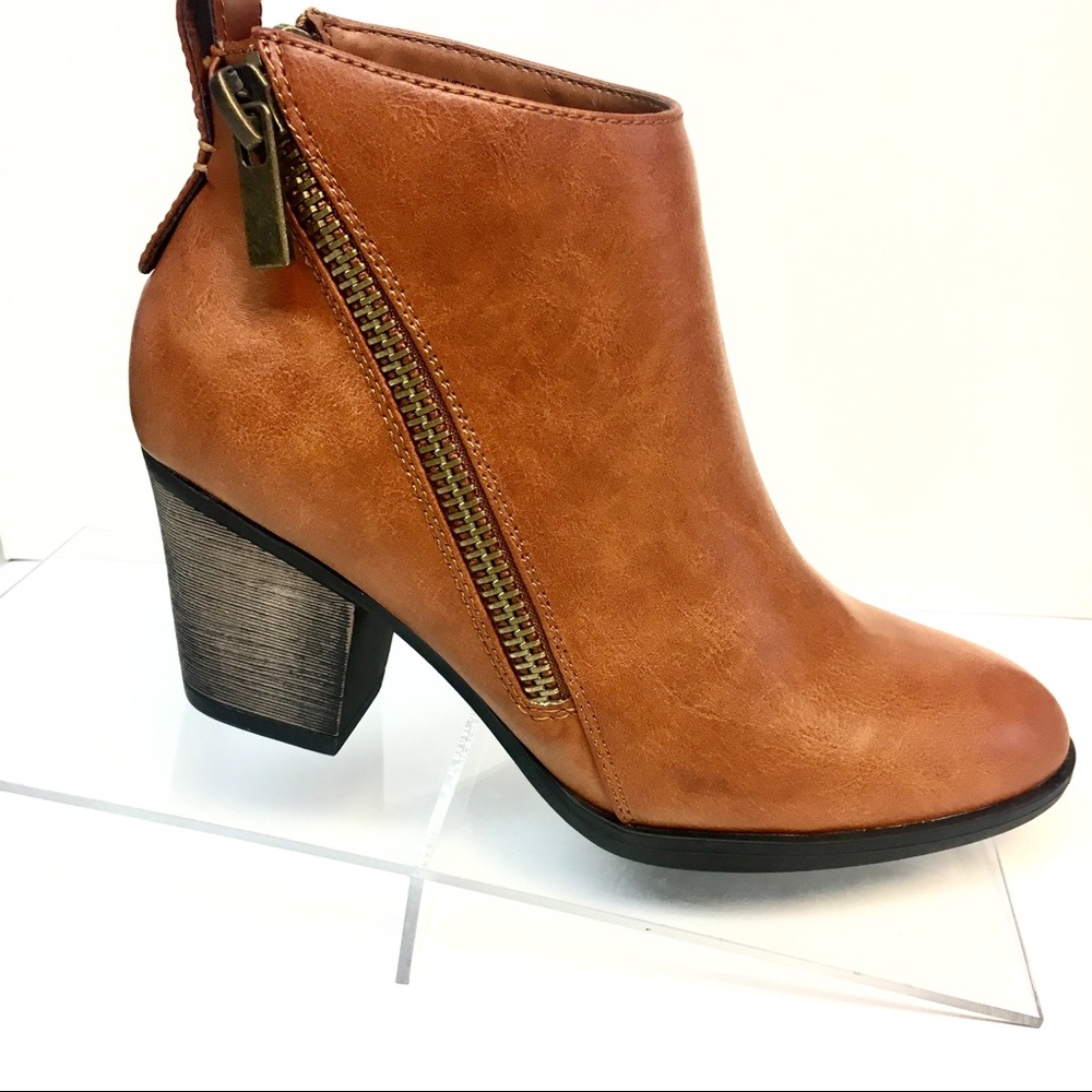 Zipper Booties in Cognac Tan w/ Mid Block Heel